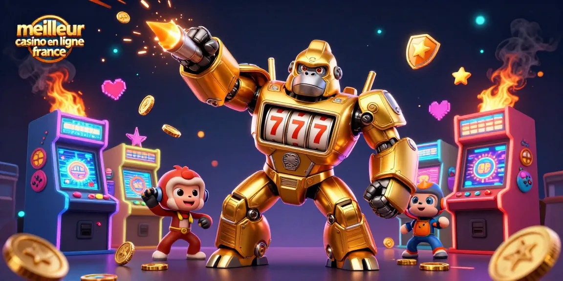 Découvrez le meilleur casino en ligne France avec une illustration dynamique de machines à sous et un gorille doré.