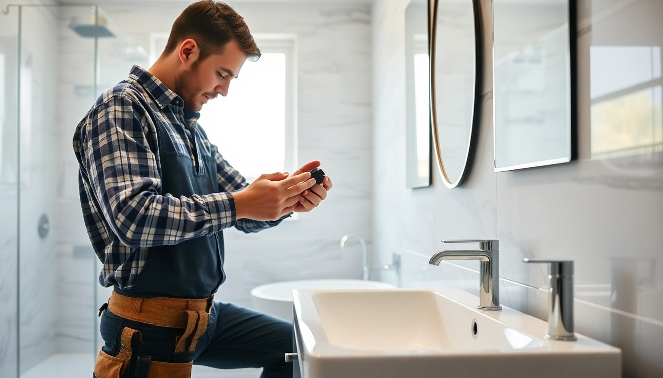 Skilled bathroom remodeling contractors installing fixtures in a beautifully renovated bathroom.