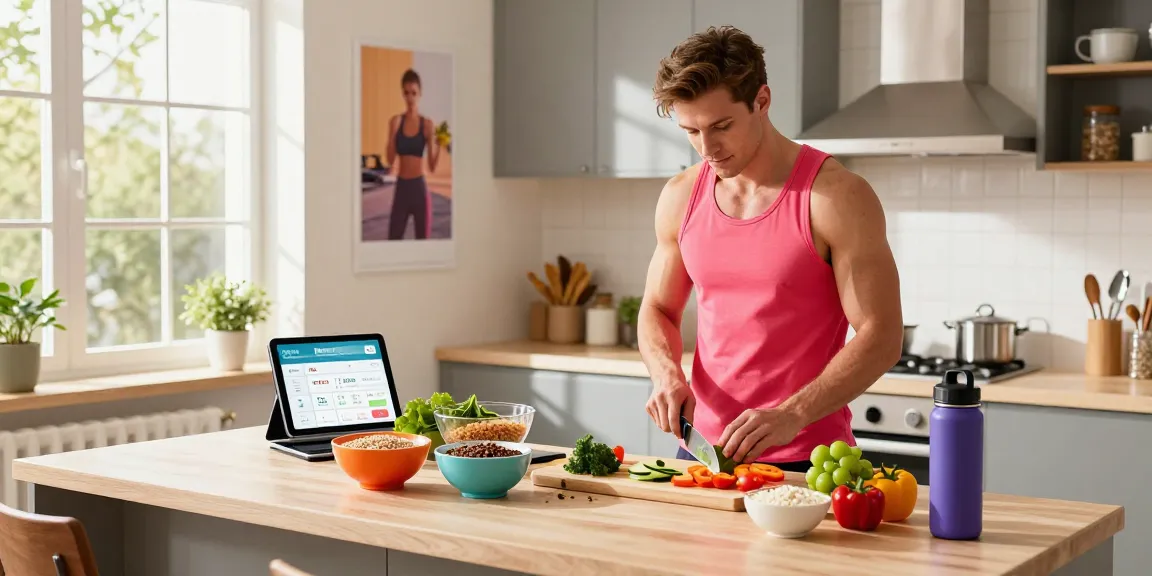 Engaging kitchen scene showcasing a fitness enthusiast using the best calorie tracker app while preparing a healthy meal.