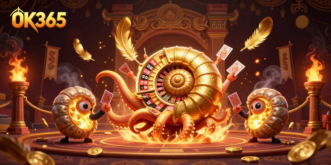 Engage with OK365's thrilling casino experience through an artistic nautilus illustration featuring games and adventures.