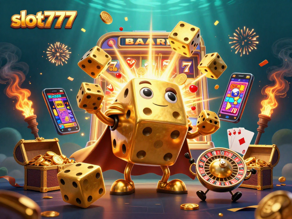 Engage with slot777's thrilling gameplay, featuring golden dice and a jackpot explosion of coins.