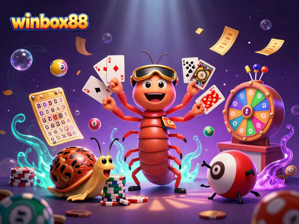 Winbox88 game illustration featuring a millipede dealer, snail high-roller, and pill bug among exciting gambling elements.