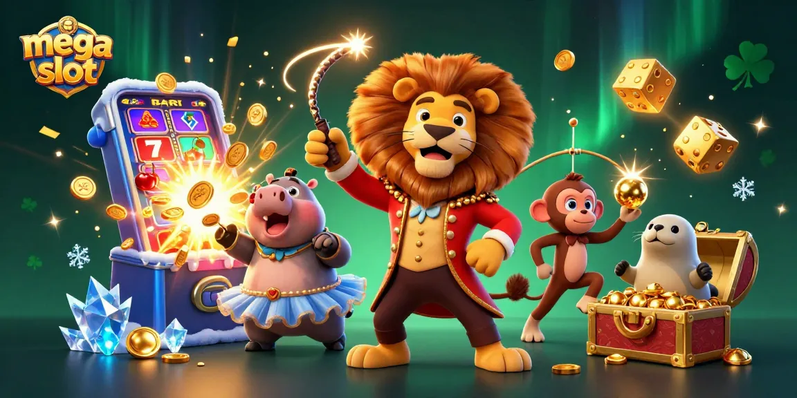 Bermain mega slot dengan simbol keberuntungan, gula-gula, dan efek koin berkilau dalam latar belakang festival yang meriah.