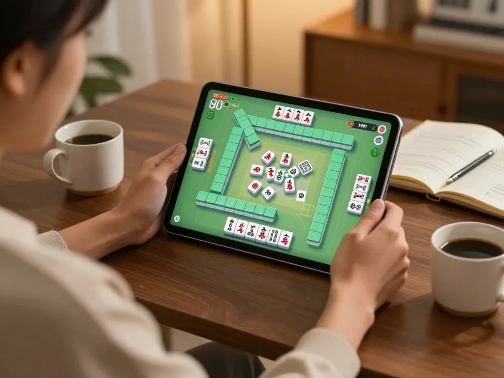 Engaged player enjoying Mahjong game on a tablet in a cozy home setting.