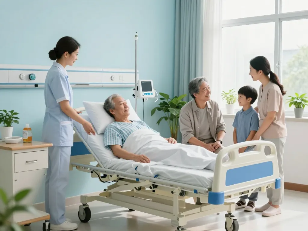Comfortable giường bệnh nhân in a well-lit hospital room with a patient, nurse, and family members, showcasing a supportive environment.