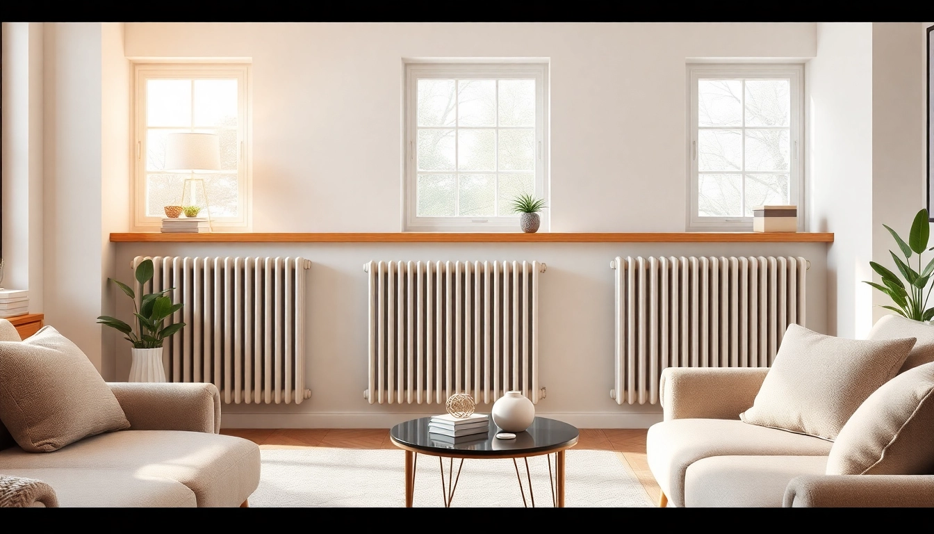 Heizkörper in einem modernen Wohnzimmer mit stilvollem Mobiliar und einladendem Licht.