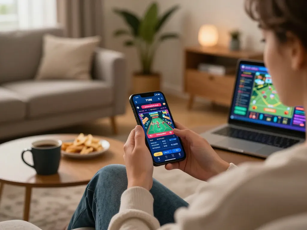 Engaging with the TT88 mobile app for online gaming on a cozy sofa in a stylish living room.