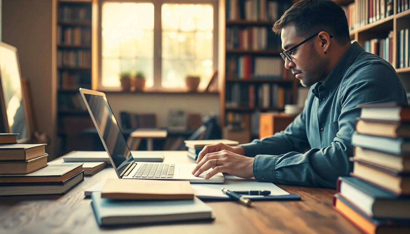 Author working intently at a desk in a cozy library setting, crafting creative content.