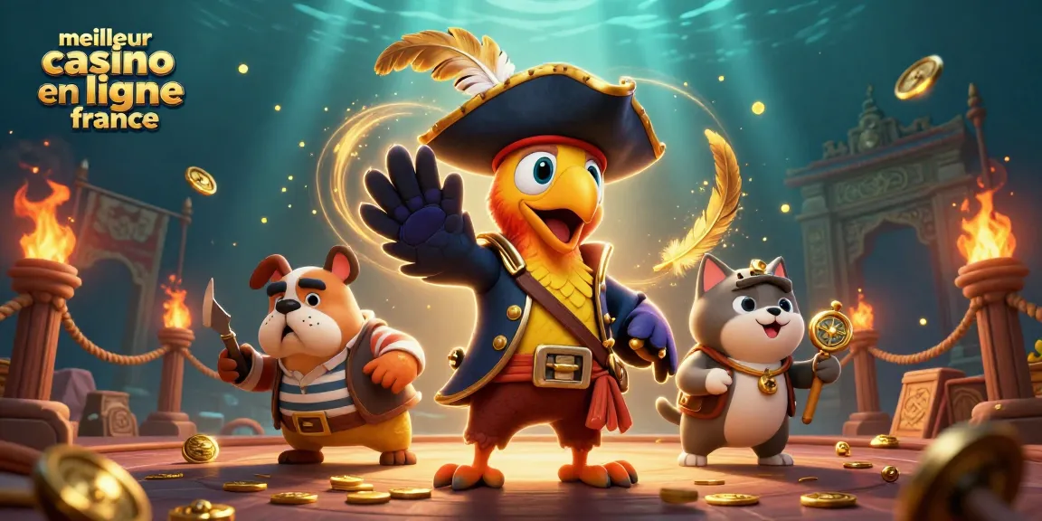Visuel captivant du meilleur casino en ligne France avec des personnages de pirate et montants de pièces d'or.