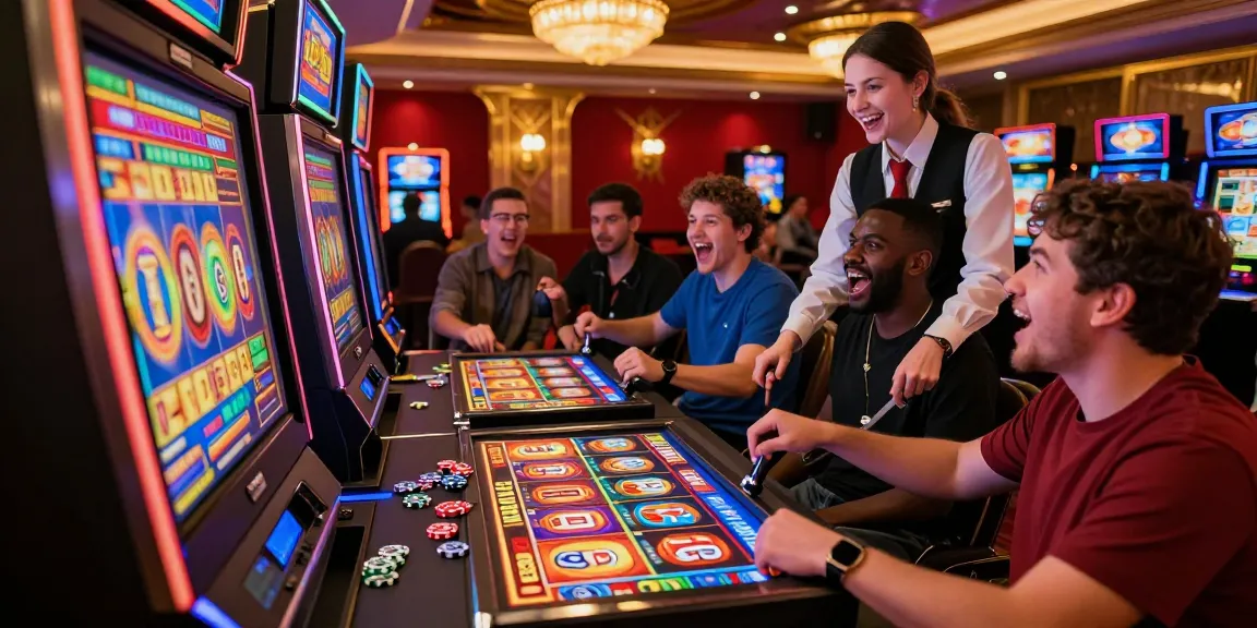 Players enjoying a vibrant slot machine in a lively casino atmosphere, showcasing excitement and community engagement.