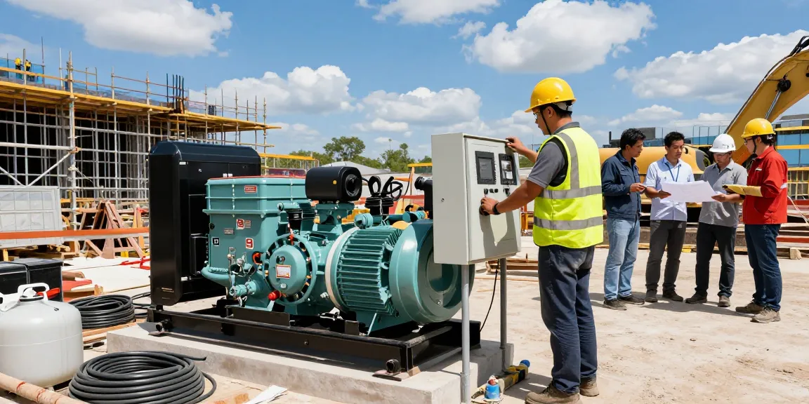 Diesel generator powering construction site with operator adjusting settings and team collaborating