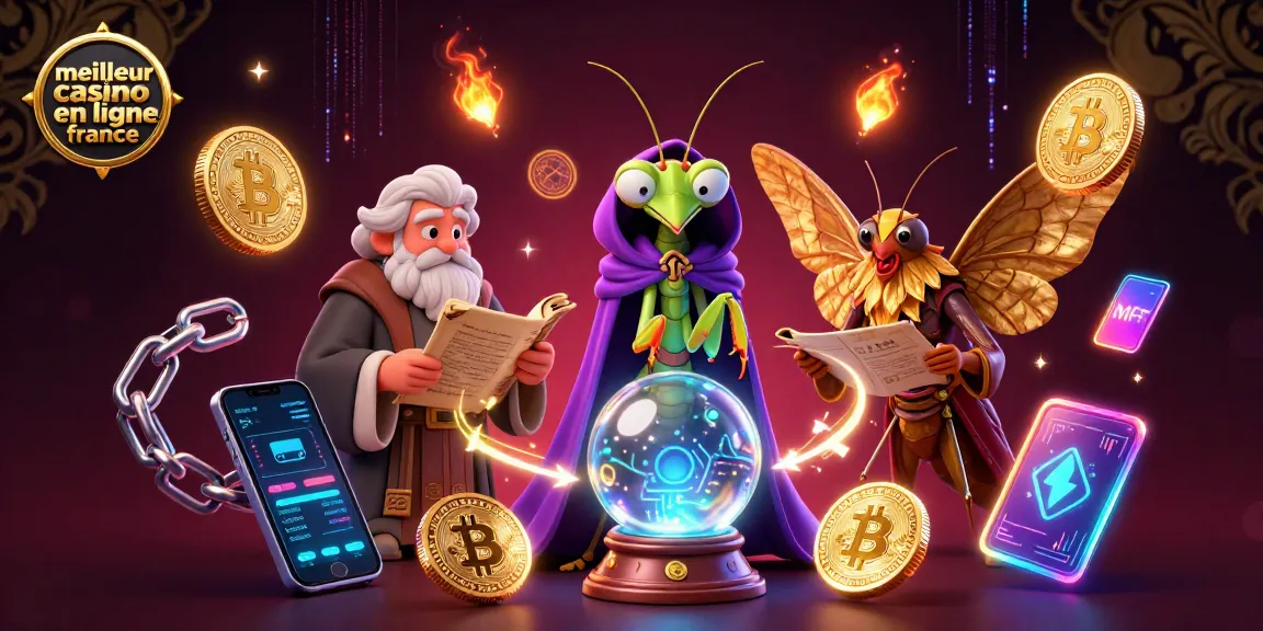 Illustration captivante représentant le meilleur casino en ligne France avec des personnages mystiques et des éléments de crypto-monnaie.