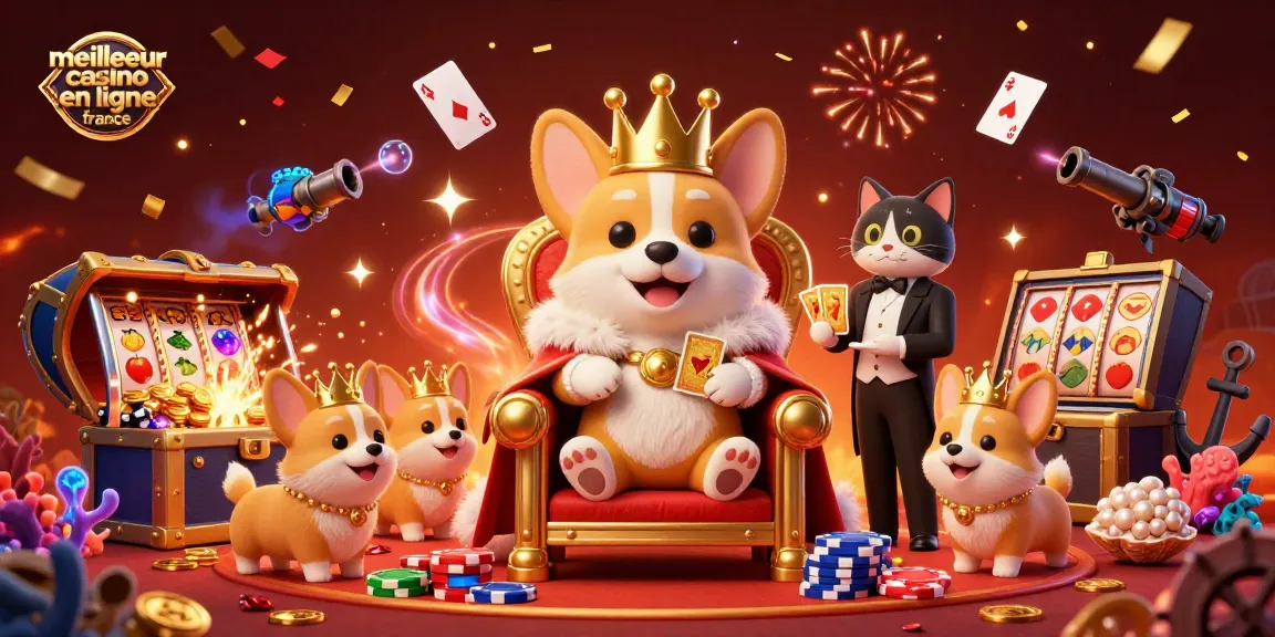 Jouez au meilleur casino en ligne France avec des corgis royaux dans une scène festive de casino.
