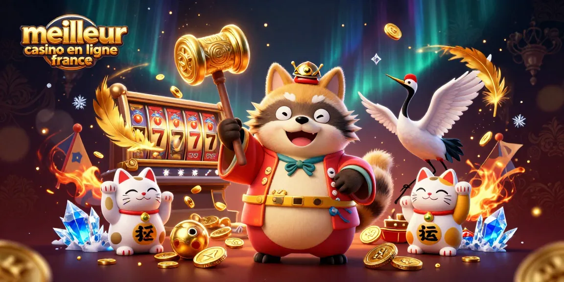 Découvrez le meilleur casino en ligne France avec un tanuki porte-bonheur animé et des éléments de jeu captivants.