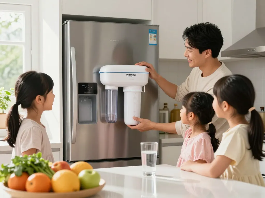 Family installing Filterlogic DA29-00020B Replacement for Samsung RF28HMEDBSR water filter in a modern kitchen.