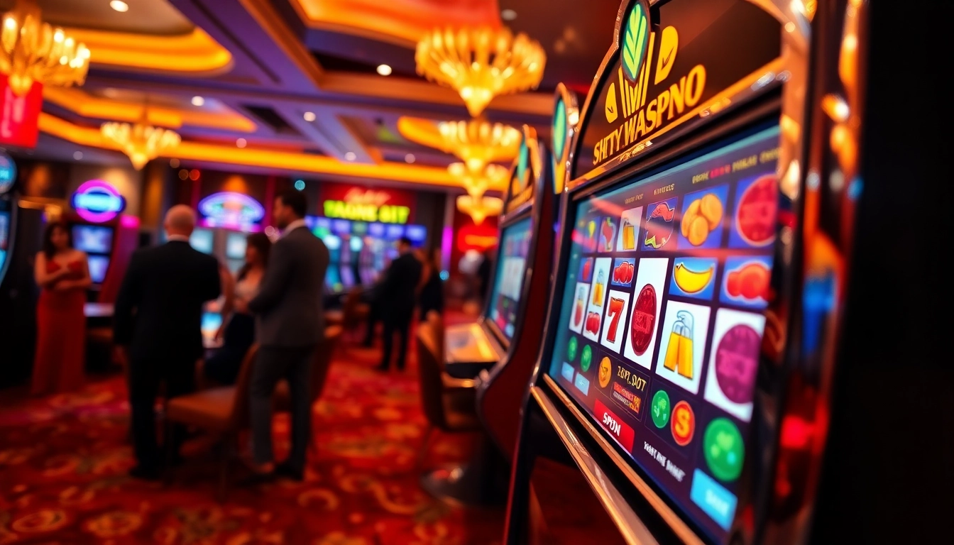 Slot Depo 5000 menampilkan mesin slot berkilau dan pemain yang bersuka cita.