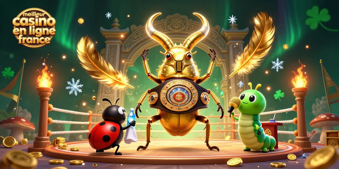 Visuel dynamique illustrant le meilleur casino en ligne France avec un scarabée et des éléments de jeu captivants.