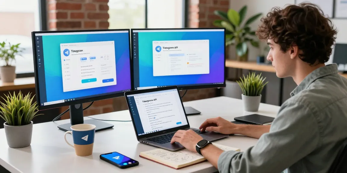 Tech workspace showcasing the telegram官网 interface, enhancing productivity with multiple devices and creative elements.