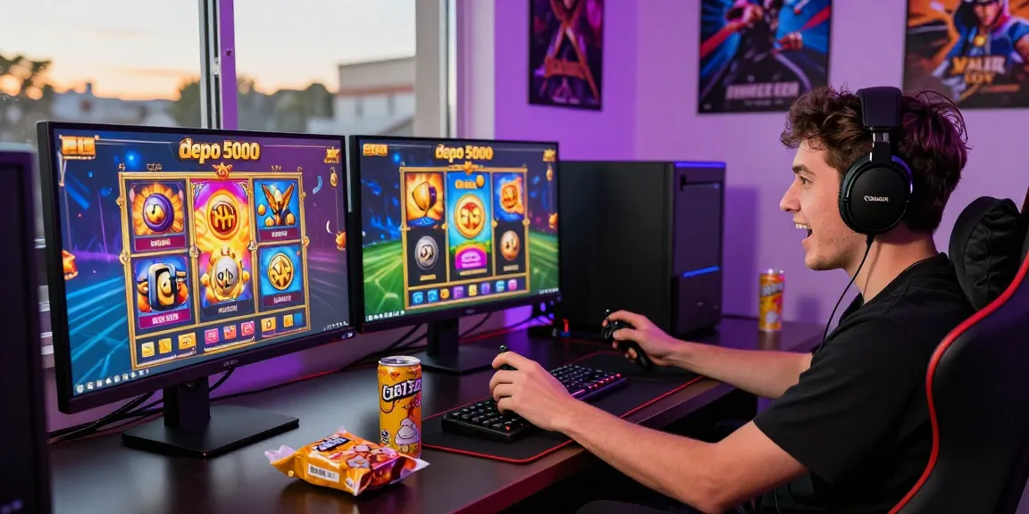 Player enjoying slot depo 5000 games on a colorful gaming setup