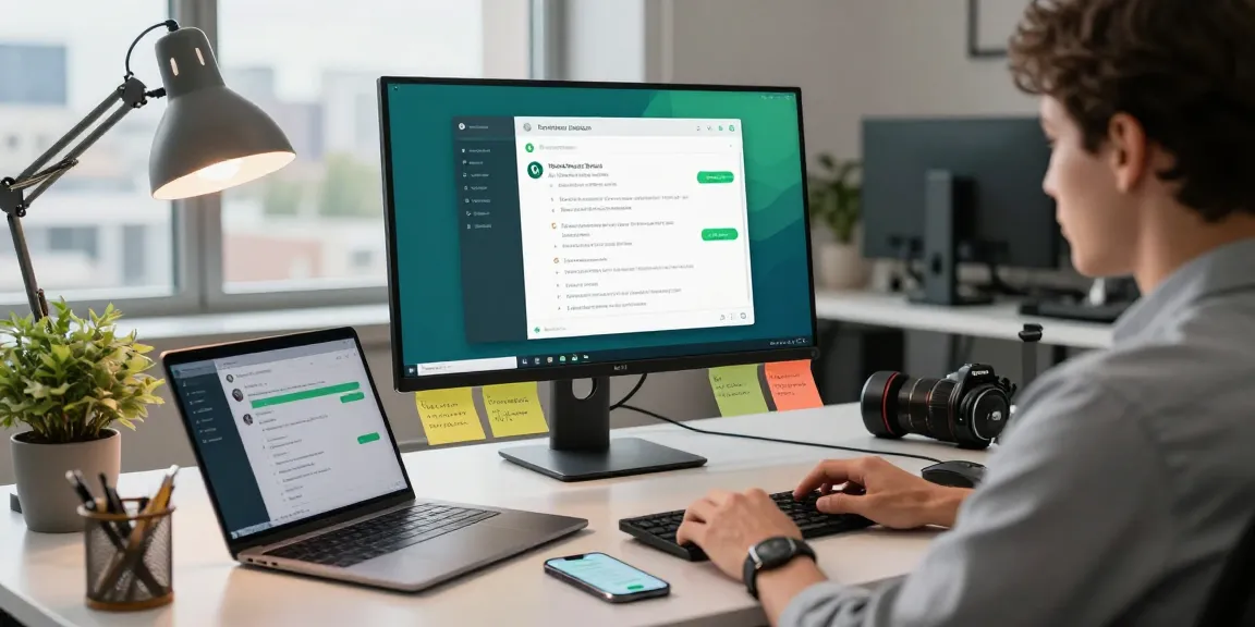 Professional user engaging with WhatsApp電腦版 on a desktop in a modern office workspace.