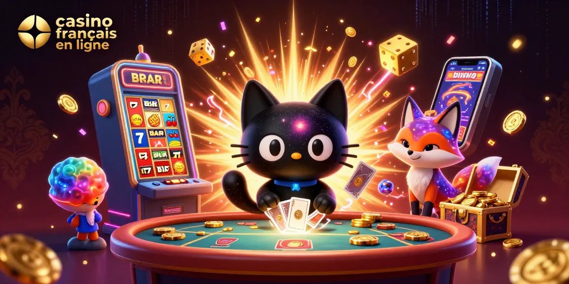 Casino français en ligne avec un chat noir de trou noir et un renard nébuleux jouant aux machines à sous.