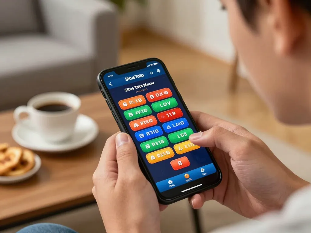 Situs Toto Macau app displayed on smartphone, capturing a confident player placing bets in a cozy home environment.
