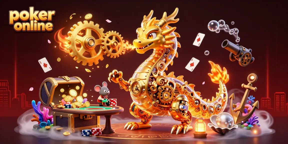 Experience poker online gaming excitement with a golden dragon and vibrant casino elements.