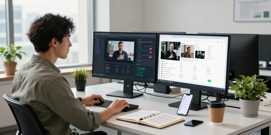 Data analyst using a free AI detector in a modern workspace, analyzing image results on multiple screens.