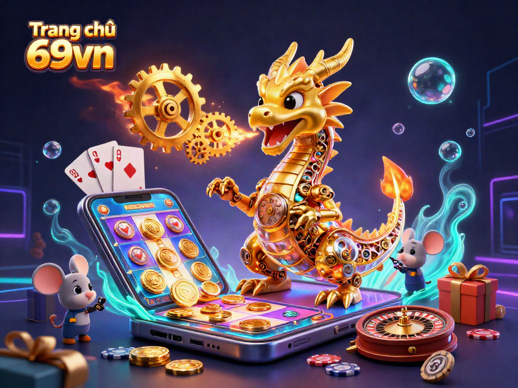 Engage with thrilling games on Trang chủ 69vn, featuring a captivating dragon and golden gears.