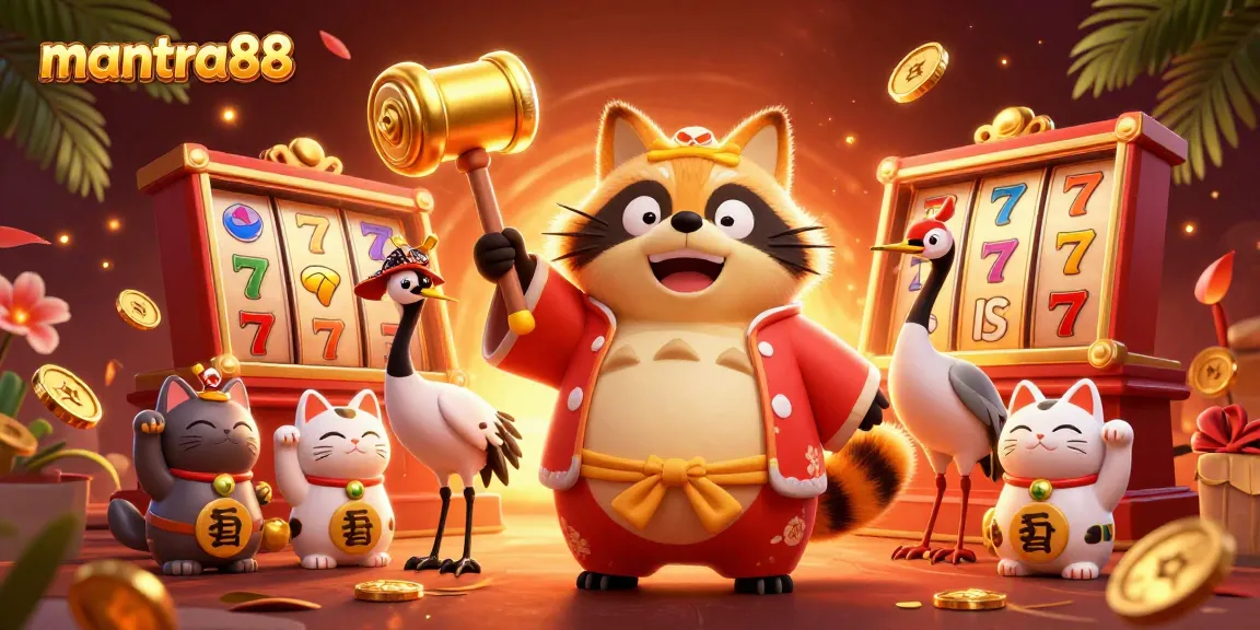 Experience mantra88's vibrant gaming world with cheerful tanuki, cranes, and lucky symbols.
