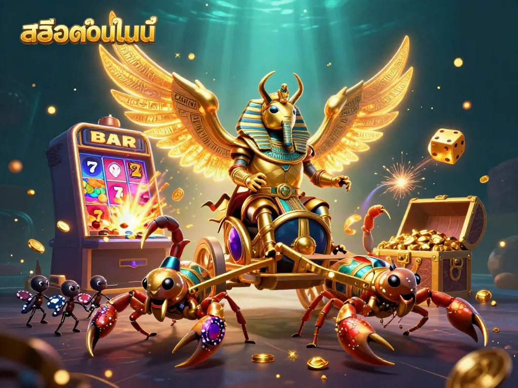 แสดงเกมสล็อตออนไลน์ที่มหัศจรรย์พร้อมเครื่องสล็อตแจ็คพอตและตัวละครที่มีชีวิตชีวา