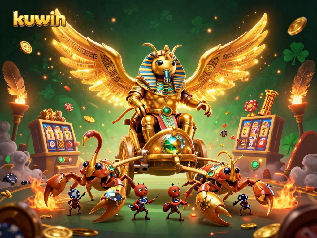 Kuwin casino scene displaying a golden scarab beetle and jewel scorpions amidst slot reels and coins.