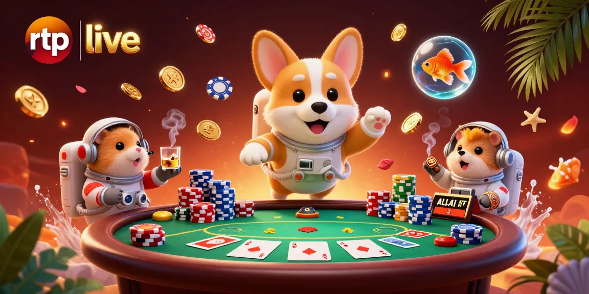 Engage with rtp live in an ultra-detailed 3D animated casino scene featuring a lively floating poker game.