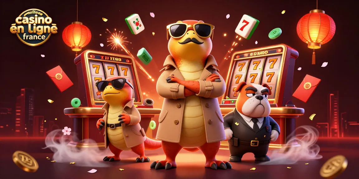 Trois raptors en trench coat et un bouledogue bouncer dans un casino, promouvant le meilleur casino en ligne France