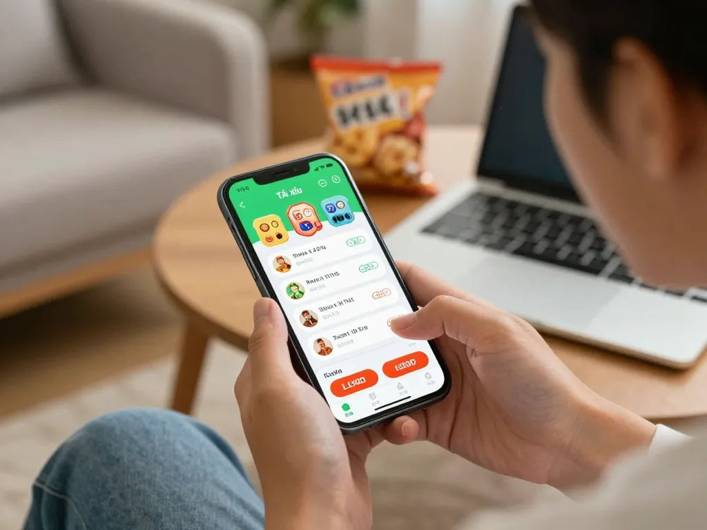 Engaging player using the app tài xỉu online uy tín on smartphone in cozy living room for responsible gaming.