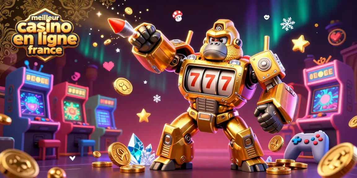 Illustration dynamique représentant le meilleur casino en ligne France avec un gorille mech doré et des éléments de jeu colorés.
