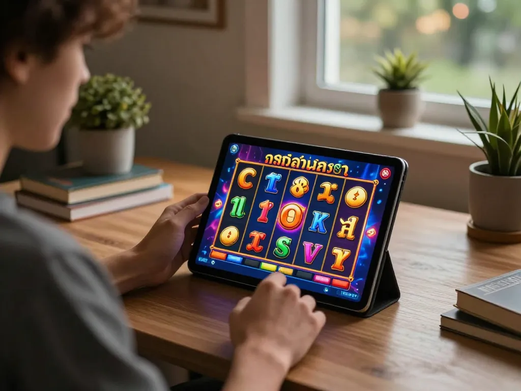 Engaging in สล็อตทดลอง on a tablet featuring exciting slot graphics in a cozy home setting.