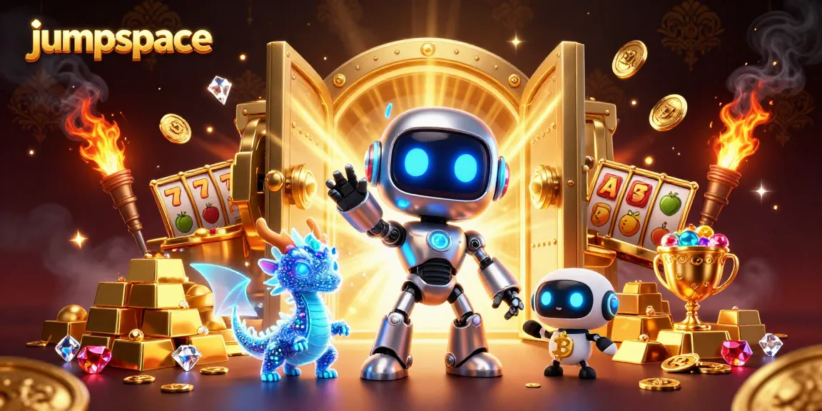 Engage with jumpspace at this vibrant casino scene featuring a cyberpunk robot and holographic dragon.