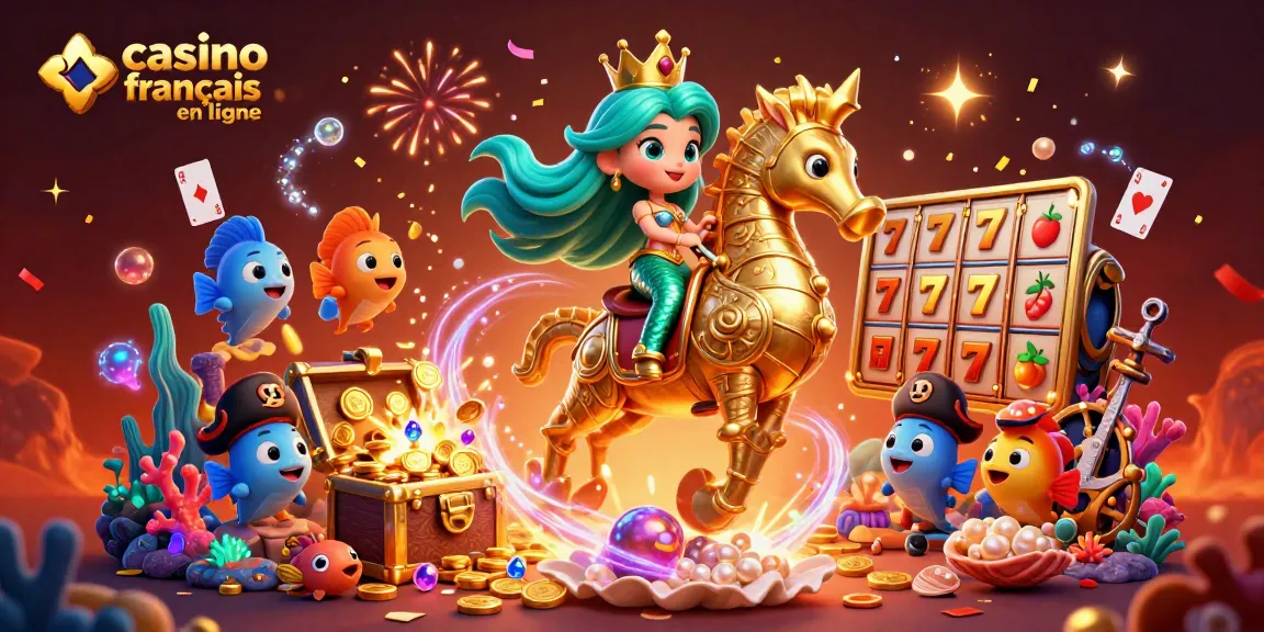 Découvrez les trésors des jeux au casino français en ligne avec une illustration colorée d'une sirène et de ses compagnons.