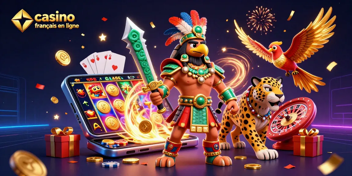 Gagnez au casino francais en ligne avec un héros Aztec entouré de jeux de casino colorés.