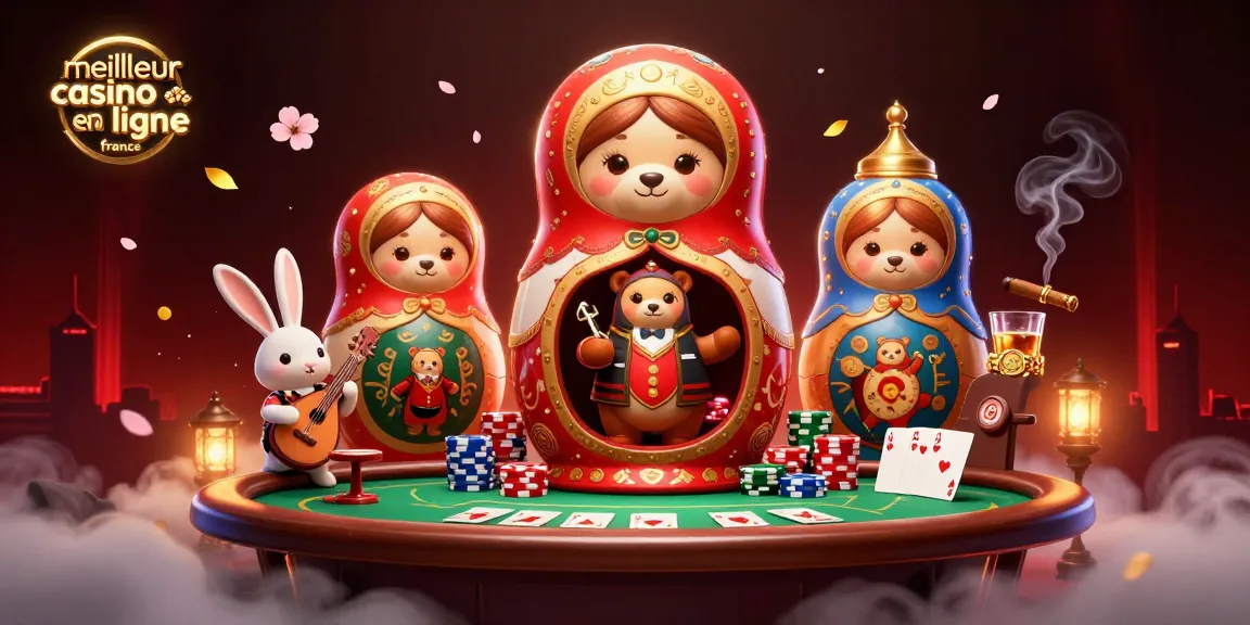 Gagnez avec le meilleur casino en ligne en France, illustré par des ours russes et des éléments de poker captivants.