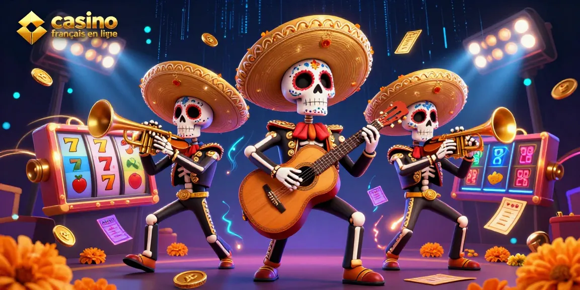 Plongez dans l'univers des jeux avec ce casino français en ligne illustré par un groupe de mariachis squelettiques.