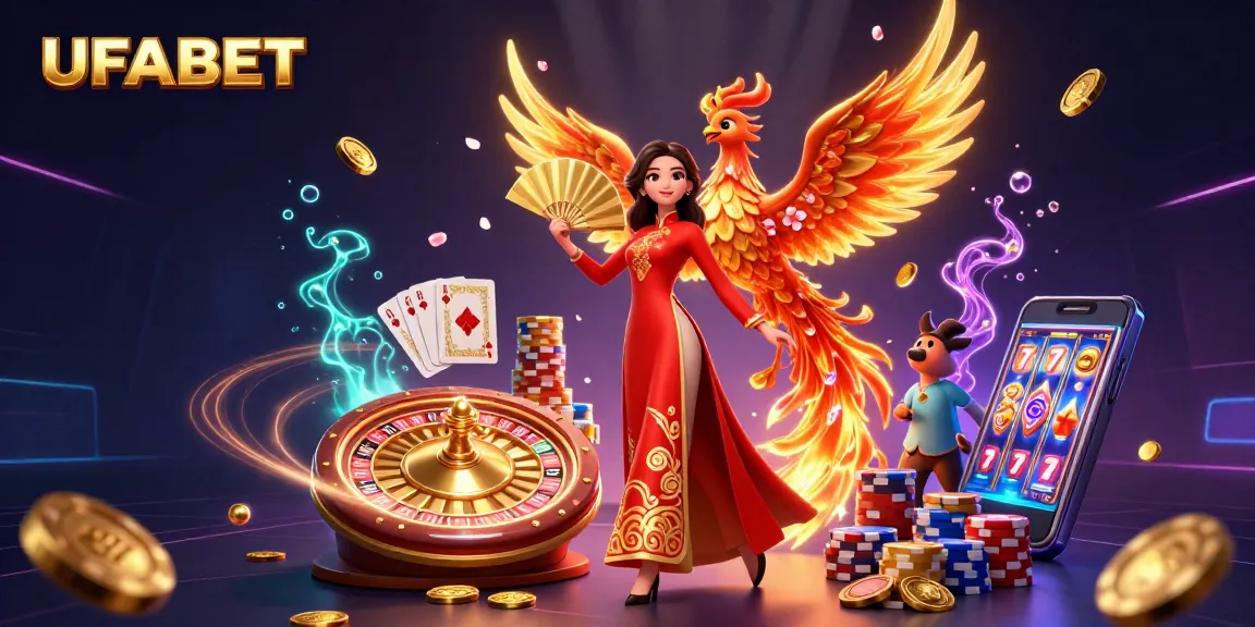Place bets and win big at UFABET, featuring a stunning illustration of casino games and vibrant characters.