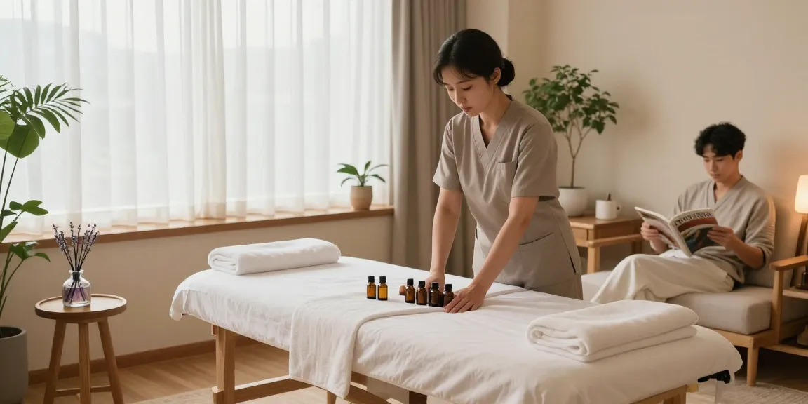 Relaxing massage therapy studio atmosphere promoting 서울출장마사지 with calming elements.