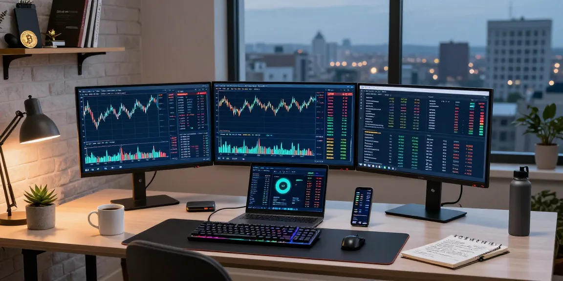 Beginner cloud mining platform depicted in a modern crypto workspace featuring multiple screens with Bitcoin charts and DeFi dashboards.