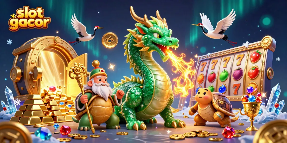 Engage with slot gacor featuring a jade dragon, lucky cranes, and dynamic casino elements.