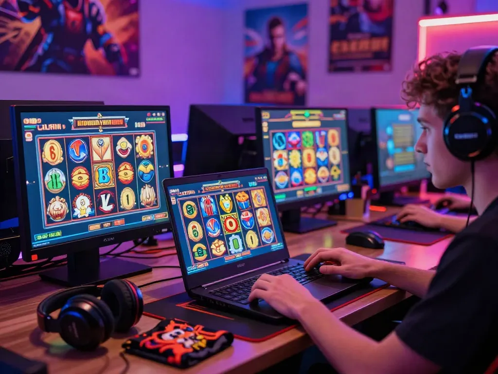Momen seru bermain slot777 di laptop dengan aksesori gaming di meja.