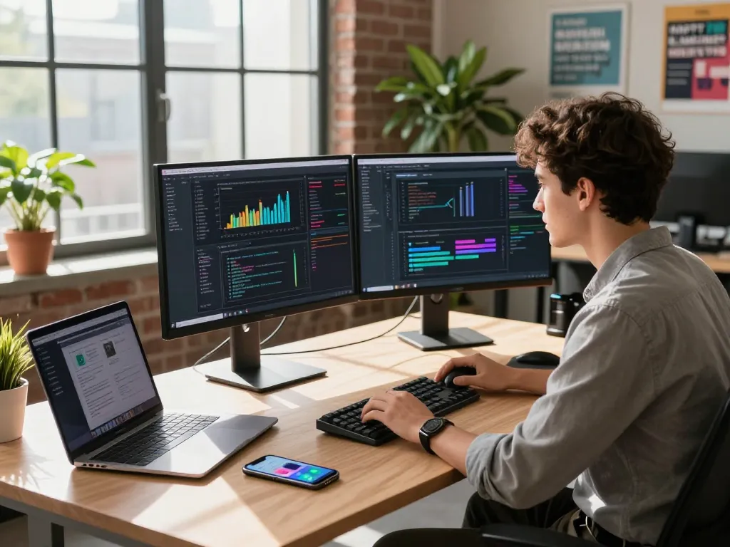 Dynamic workspace with a software engineer coding for ia +18 app development, featuring dual monitors and modern tech.