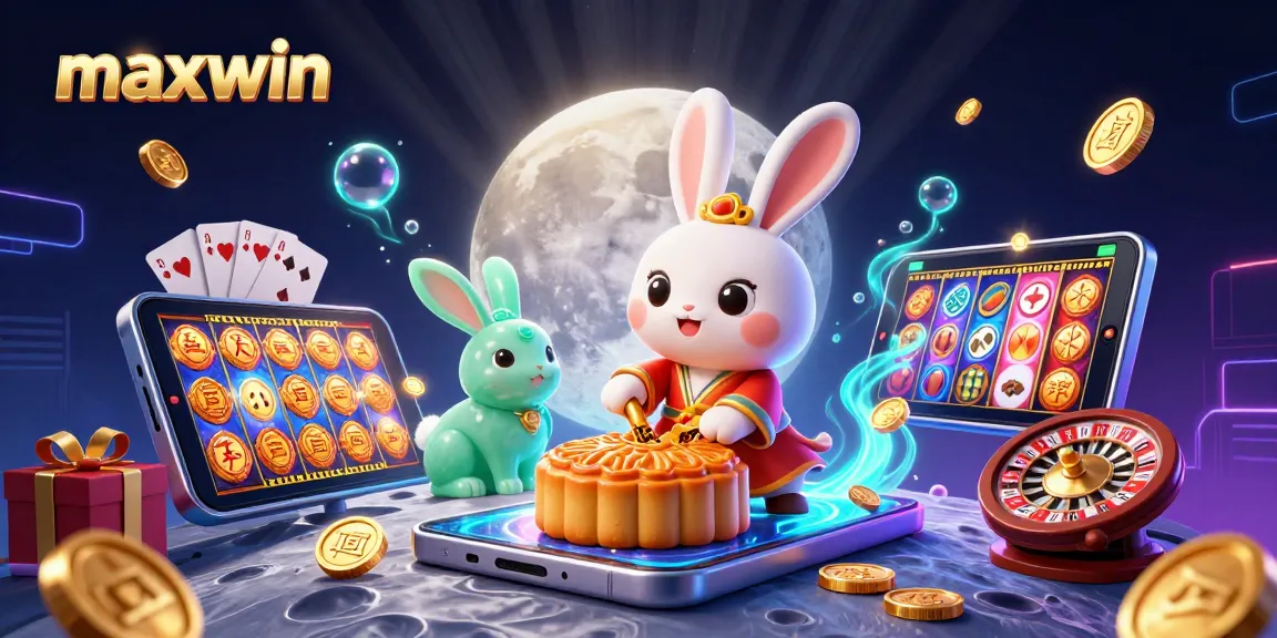 Experience maxwin excitement as a cartoon moon rabbit plays slots with poker chips and festive coins.