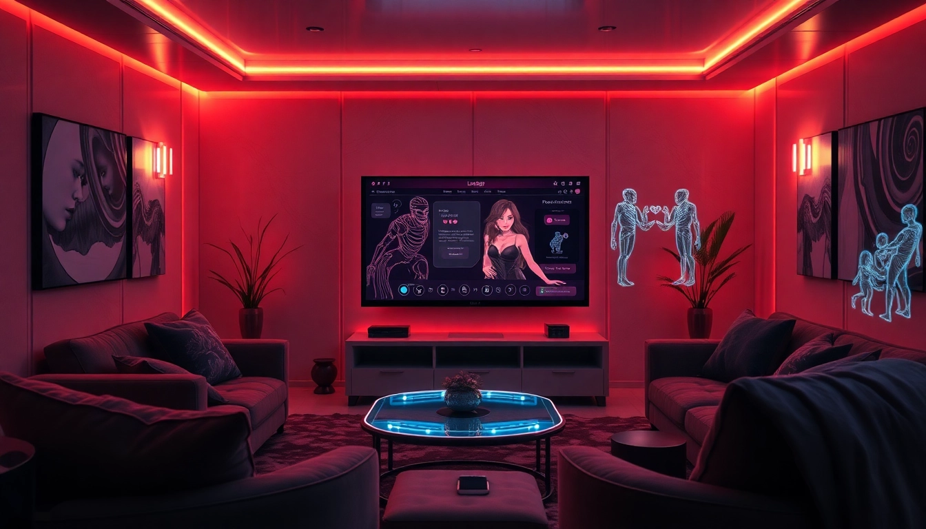 Futuristic living room with AI sex chatbot interface showcasing intimate user interaction.